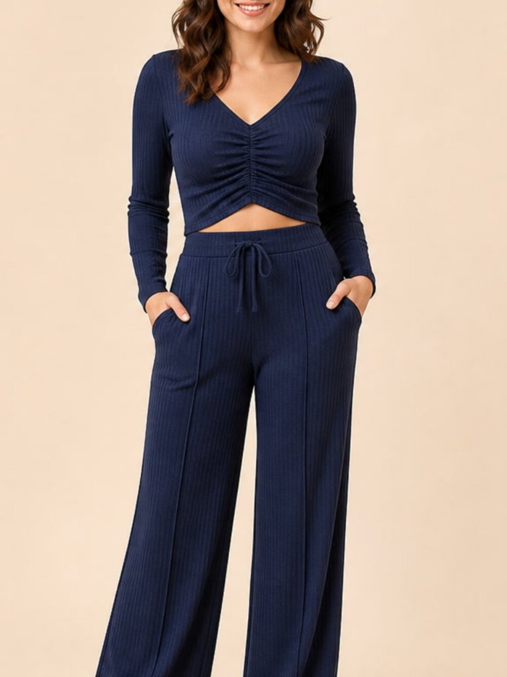 PRETTYGARDEN Navy Blue Ribbed V-Neck 2pc Lounge Set M #8